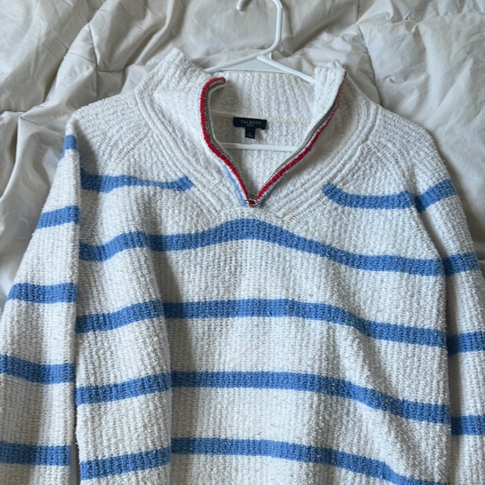 Talbots Women's White Sweater with Red and Blue Accents